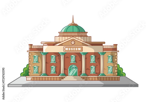 Classic Museum Building with Dome Front View Flat Vector Illustration