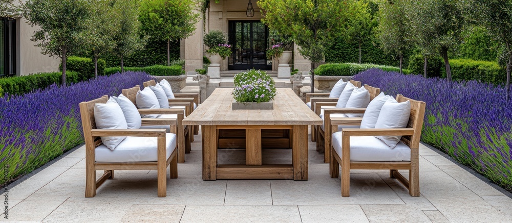 Fototapeta premium Outdoor dining table and chairs with lavender landscaping