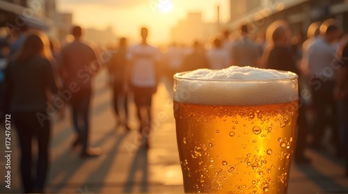 Close-up of a foamy beer glass with a blurry crowd walking in the warm sunset light.