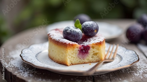 Slice of grape cake with powdered sugar and mint on a vintage plate with a golden fork.