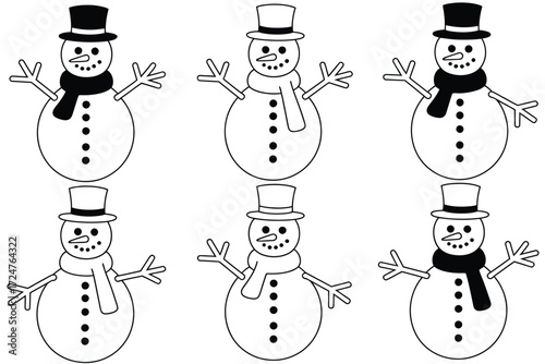 Six charming hand-drawn snowman illustrations in black and white vector format for versatile design vector