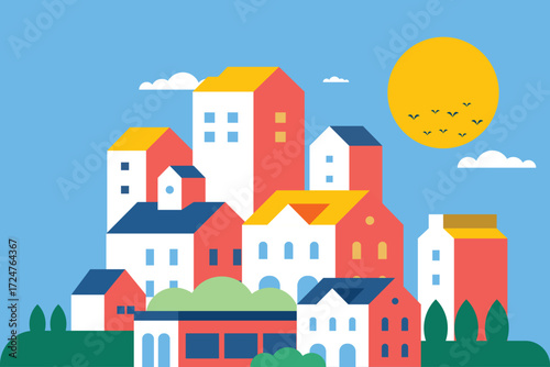 Flat illustration vector in bright colors. Geometric house background design	