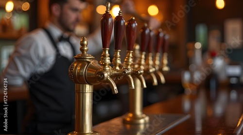 Row of Brass Beer Taps with Wooden Handles at a Bar, Bartender in Background