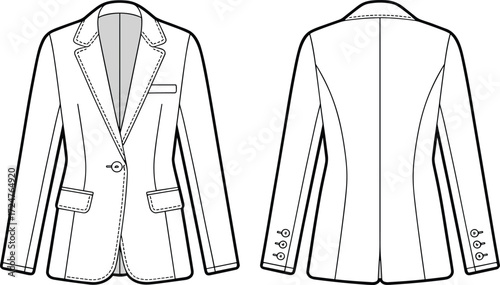 Cad drawing flat vector illustration, women blazer fashion design template, technical sketch jacket front and back view, clothing design