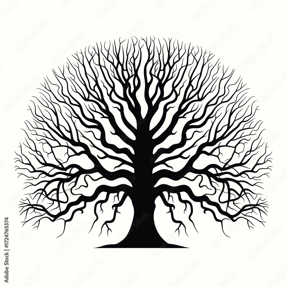 Naklejka premium Vector silhouette of a large leafless tree with intricate branches in eps format vector
