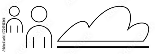 Outline of two abstract figures near a simplistic cloud shape on a flat line. Ideal for teamwork, communication, climate, connection, simplicity, nature, and community themes. Minimal design
