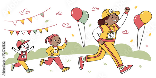 Joyful Children and Adult Runner Celebrating Race Victory, Fun Cartoon Style Illustration, Festive Background with Balloons and Bunting.