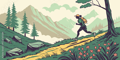 Woman Trail Runner in Mountain Landscape: Vintage Style Illustration, Active Lifestyle, Outdoor Adventure, Scenic View,  Peaceful Mood,  Backpacking,  Fitness,  Nature,  Healthy,  Exploration.