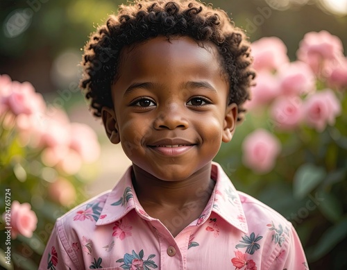 Portrait of a Smiling Young Boy in Pink Floral Shirt