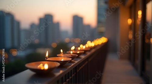 Row of lit traditional oil lamps on a balcony railing with a blurred city skyline at dusk.