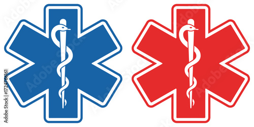 Set of two scalable vector medical emergency star of life icons in blue and red eps format vector