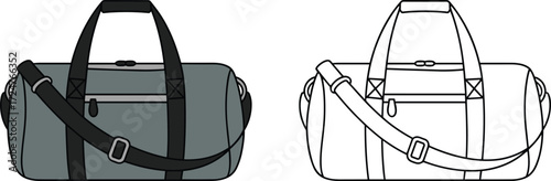 Duffle bag front view, CAD drawing flat vector illustration, gym sports travel bag design, fashion accessory template, stylish luggage illustration