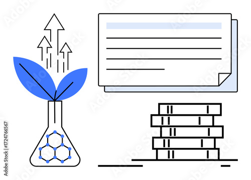 Laboratory flask with plant, upward arrows and molecular connection beside stacked coins and document. Ideal for innovation, sustainability, finance, research, growth, strategy investment. Clean