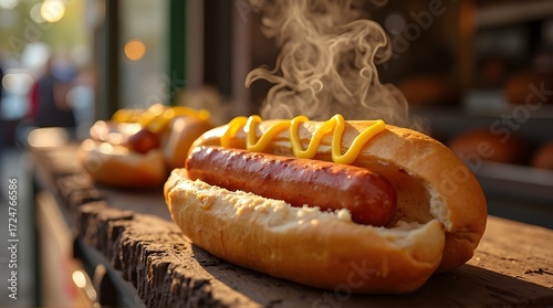 Delicious hot dog steaming on wooden surface, outdoor setting.