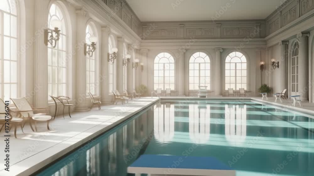An elegant indoor swimming pool in a luxurious, sunlit hall featuring ...