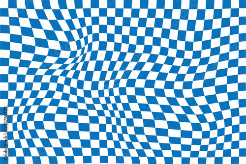 Retro wavy checker seamless pattern background in blue and white with distorted grid. 