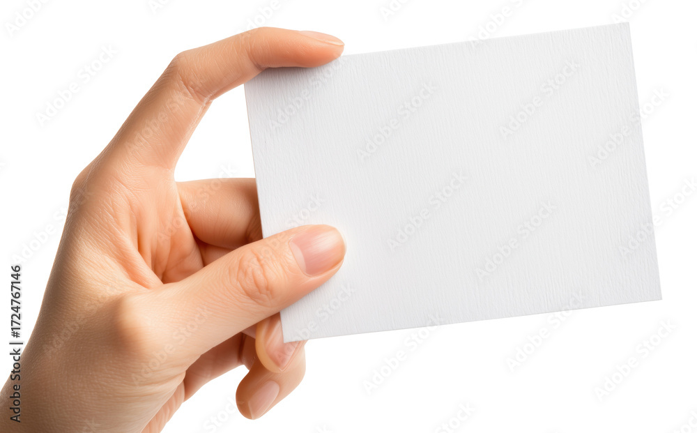 Obraz premium Female hand holding blank white card or business card isolated on transparent background