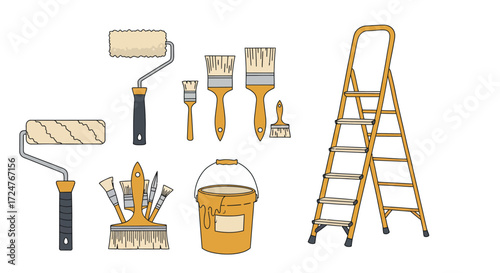 Vector flat design of DIY recycling crafts, reusing plastic bottles, glass jars, and cardboard to make useful items, clean minimal style on white background