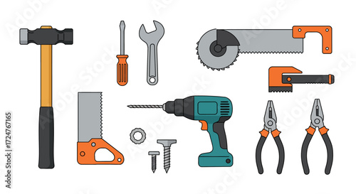 Flat vector illustration of DIY home repair tools set including hammer, screwdriver, wrench, saw, drill, and pliers, minimal style, isolated on white background