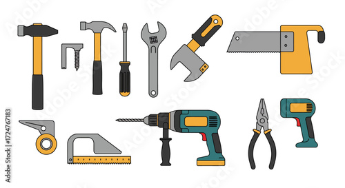 Flat vector illustration of DIY home repair tools set including hammer, screwdriver, wrench, saw, drill, and pliers, minimal style, isolated on white background