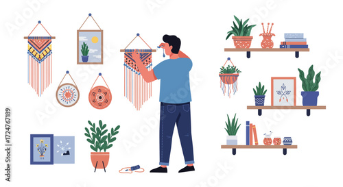 Flat vector illustration of DIY interior decoration, person creating handmade wall art, shelves, and home decor items, isolated on white background
