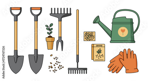 Vector flat illustration of gardening DIY tools set such as shovel, rake, watering can, gloves, and seeds, isolated on white background