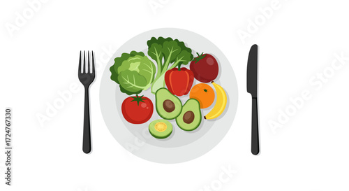 Vector flat illustration of balanced diet, fresh vegetables, fruits, and water on plate, clean white background, modern minimal styleVector flat illustration of balanced diet, fresh vegetables, fruits