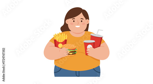 Flat vector design showing overweight woman holding fast food like burger, fries, and soda, isolated on white background, concept of unhealthy eating and obesity