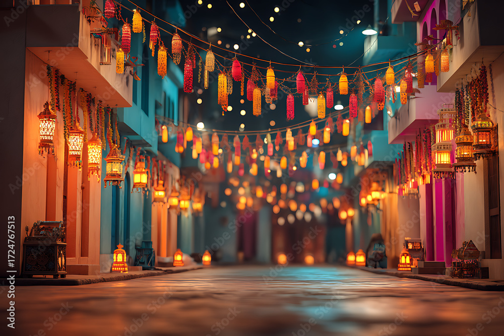 Obraz premium Enchanting nighttime street scene illuminated by vibrant hanging lanterns and festive lights, creating a magical cultural celebration atmosphere.