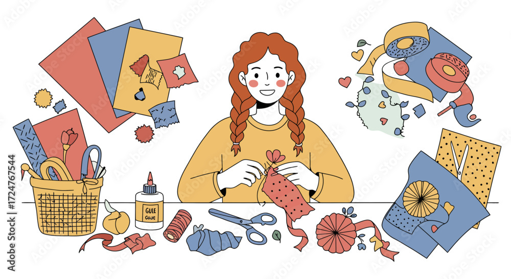Fototapeta premium Vector flat design of DIY craft workshop scene, person making handmade decorations with scissors, glue, paper, and fabric, isolated on white background