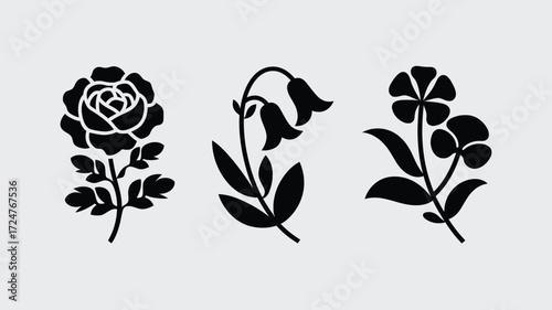 Minimalist vector silhouette illustrations of three distinct botanical flower designs scalable for eps format vector
