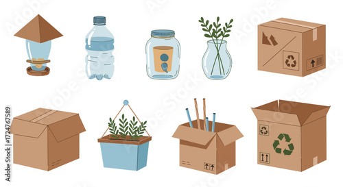 Vector flat design of DIY recycling crafts, reusing plastic bottles, glass jars, and cardboard to make useful items, clean minimal style on white background