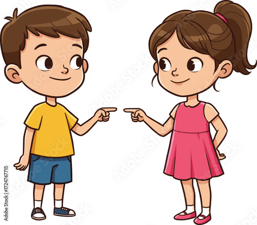 Cartoon boy and girl pointing at each other, happy kids illustration, playful children gesture, friendship concept, fun childhood lifestyle moment