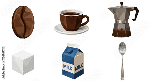 Illustration of coffee bean cup maker sugar milk and spoon on white background
