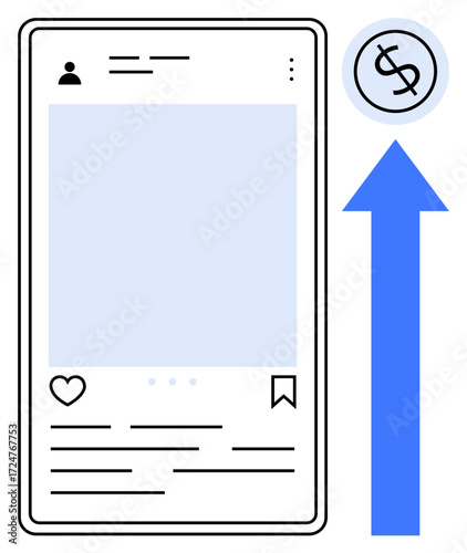 Smartphone layout with post, icons for engagement and a blue upward arrow with dollar sign. Ideal for social media, marketing, growth, revenue, analytics, strategy, simple flat metaphor