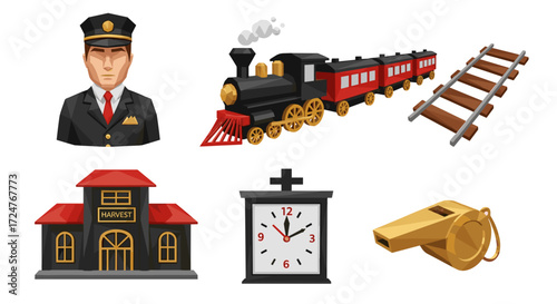 Illustration of a train conductor, train, tracks, station and other items