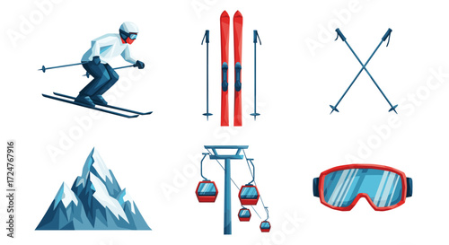 Illustration showing a skier, skis, poles, mountain, lift, and goggles