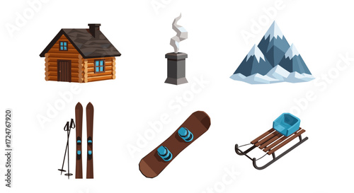 Illustration of winter sports equipment and a cabin in a snowy setting