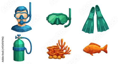 Illustration of scuba diving equipment and marine life on white background