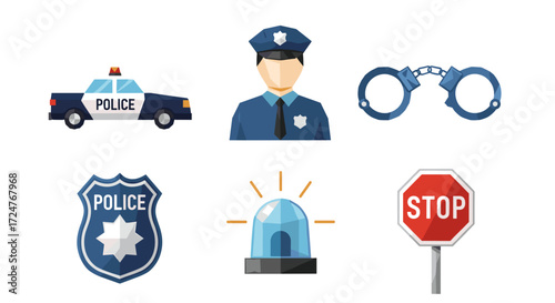Collection of police related icons featuring car officer badge and more