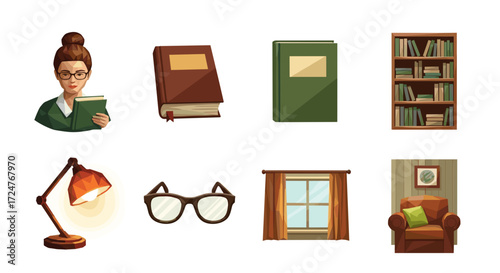 Illustration of a woman reading books with furniture and accessories
