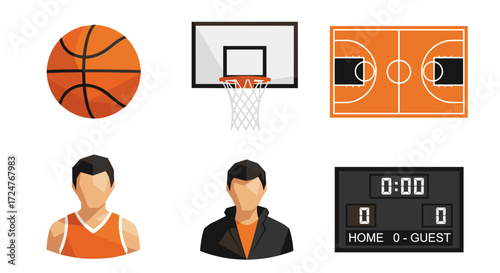 A collection of basketball elements including players and scoreboard set up
