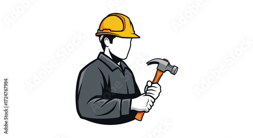 Illustration of a construction worker holding a hammer with hard hat on head