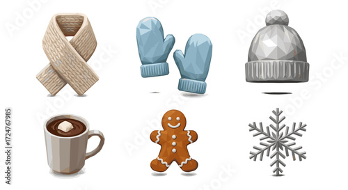 Illustration of winter accessories and treats including scarf and mittens