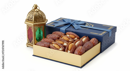 A golden lantern and a blue gift box filled with delicious dates stuffed with almonds, presented on a white background.