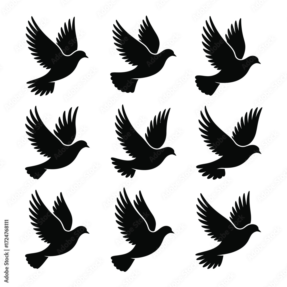 Fototapeta premium Set of nine flying dove silhouettes vector illustration scalable eps icon for peaceful symbolism vector