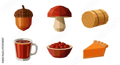 Illustration of acorn mushroom hay bale drink berries and pie slice set
