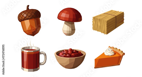 Illustration of acorn mushroom hay bale drink cranberries and pumpkin pie