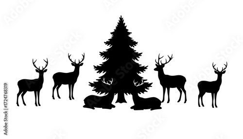 deer with christmas tree vector silhouette illustration isolated on white background
