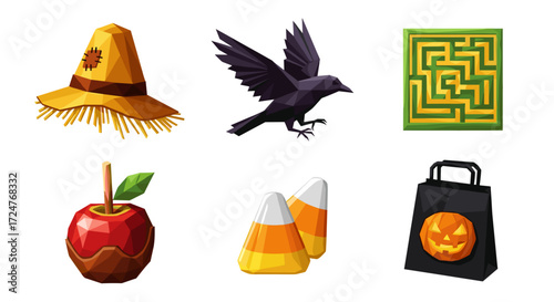 Illustration of halloween themed items including candy and scarecrow hat